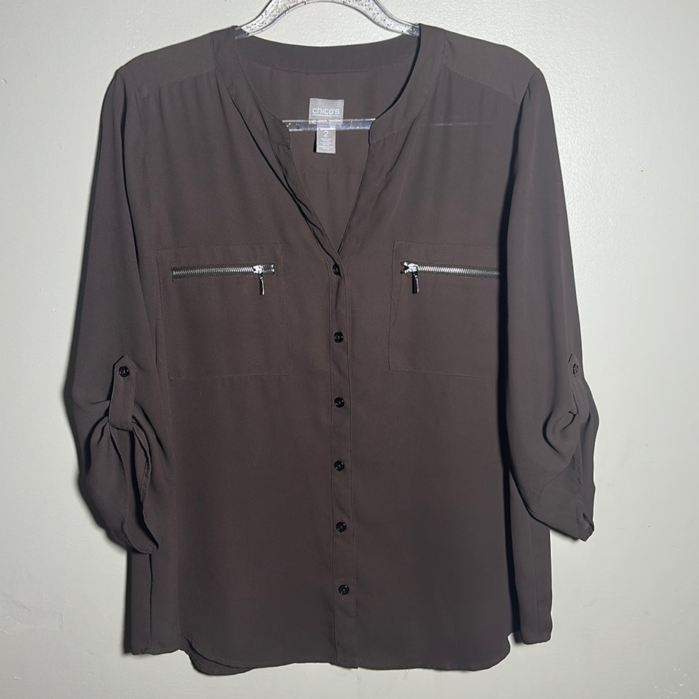 Chicos‎ Brown Popover V Neck Roll Tab Top | 2